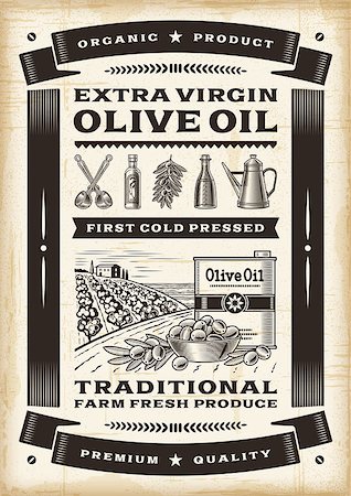 posters with ribbon banner - Vintage olive oil poster in woodcut style. Editable EPS10 vector illustration. Foto de stock - Super Valor sin royalties y Suscripción, Código: 400-08336632