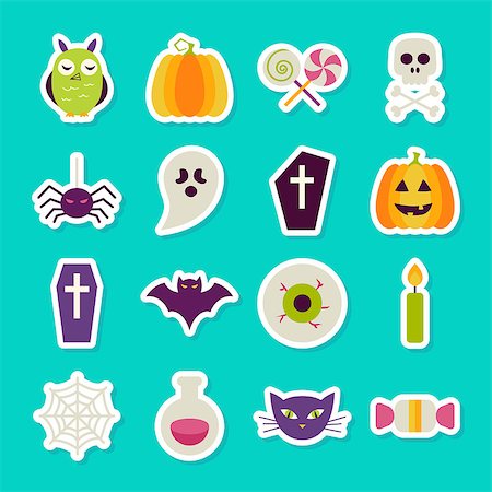 simsearch:400-05673521,k - Halloween Party Stickers Set. Flat Style Vector Illustration. Autumn Halloween Party Holiday Sticker Collection. Tricks and Treats. Stock Photo - Budget Royalty-Free & Subscription, Code: 400-08336868