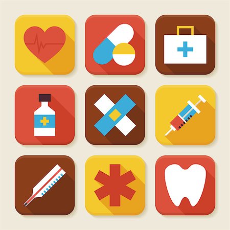 Flat Health and Medicine Squared App Icons Set. Flat Style Vector Illustration. Medical and Health Care Set. Collection of Square Rectangular Shape Application Colorful Icons with Long Shadow Stock Photo - Budget Royalty-Free & Subscription, Code: 400-08336875