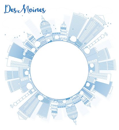 simsearch:400-08349420,k - Outline Des Moines Skyline with Blue Buildings and copy space. Vector Illustration Stock Photo - Budget Royalty-Free & Subscription, Code: 400-08337564