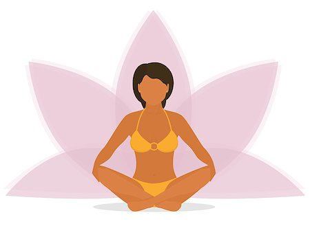 Flat illustration of calm tanned woman is doing yoga and sitting in the lotus position with pink petals of a lotus flower behind. Isolated on white background Stock Photo - Budget Royalty-Free & Subscription, Code: 400-08337644