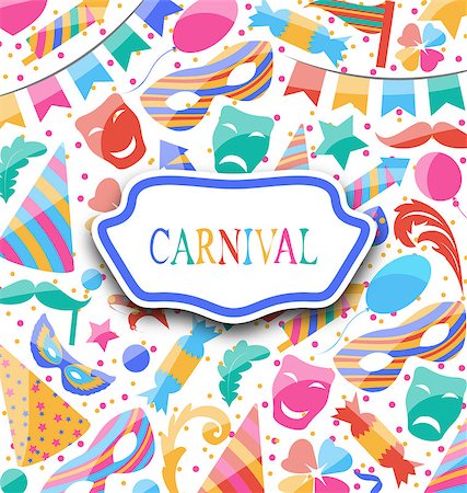 simsearch:400-06695587,k - Illustration festive postcard with carnival colorful icons and objects - vector Stock Photo - Budget Royalty-Free & Subscription, Code: 400-08337840