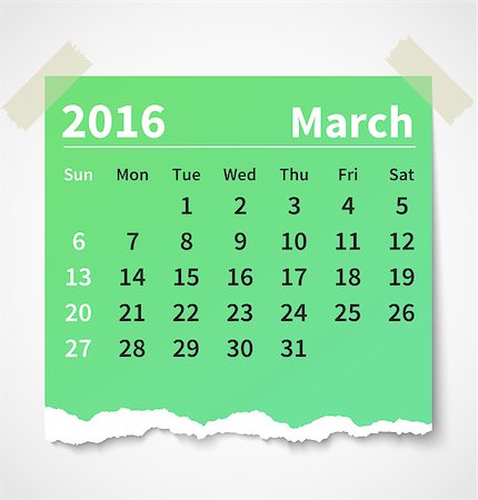 Calendar march 2016 colorful torn paper. Vector illustration Stock Photo - Budget Royalty-Free & Subscription, Code: 400-08338197