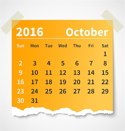 Calendar october 2016 colorful torn paper. Vector illustration Stock Photo - Budget Royalty-Free & Subscription, Code: 400-08338198
