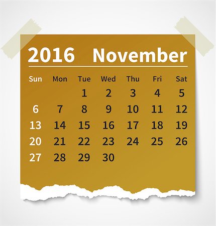 Calendar november 2016 colorful torn paper. Vector illustration Stock Photo - Budget Royalty-Free & Subscription, Code: 400-08338199