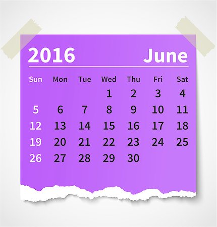 Calendar june 2016 colorful torn paper. Vector illustration Stock Photo - Budget Royalty-Free & Subscription, Code: 400-08338191