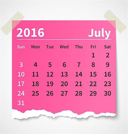 Calendar july 2016 colorful torn paper. Vector illustration Stock Photo - Budget Royalty-Free & Subscription, Code: 400-08338192