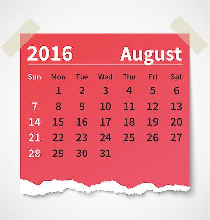 Calendar august 2016 colorful torn paper. Vector illustration Stock Photo - Budget Royalty-Free & Subscription, Code: 400-08338193