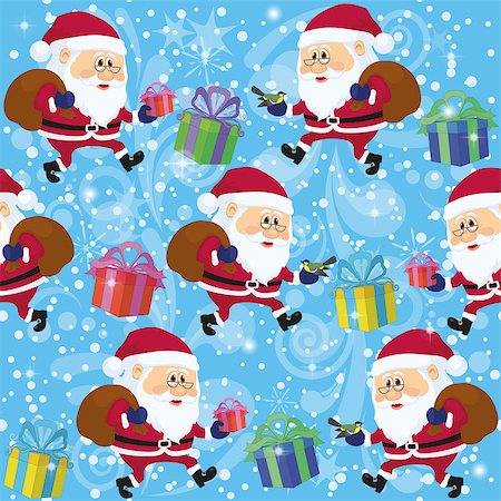 simsearch:400-04657079,k - Christmass Seamless Illustration, Cartoon Santa Clauses Walking with Gift Boxes or Titmouse on Abstract Blue Background with Confetti and Patterns Fotografie stock - Microstock e Abbonamento, Codice: 400-08338214