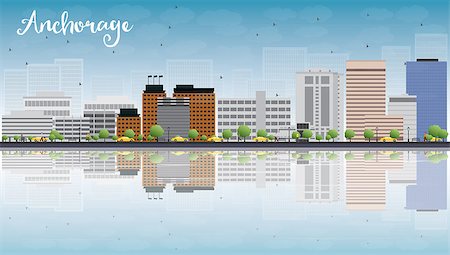 simsearch:400-08336131,k - Anchorage (Alaska) Skyline with Grey Buildings, Blue Sky and reflections. Vector Illustration Stock Photo - Budget Royalty-Free & Subscription, Code: 400-08338965