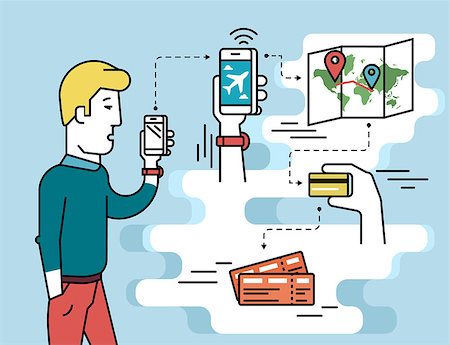simsearch:400-08503492,k - Infographic flat illustration of mobile app for booking air passage. Contour man holds in his hand white smartphone and going to order airplane boarding tickets Stock Photo - Budget Royalty-Free & Subscription, Code: 400-08338994