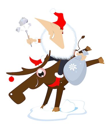 elk on snow - Santa with firework and sack full of presents rides the reindeer Stock Photo - Budget Royalty-Free & Subscription, Code: 400-08338997