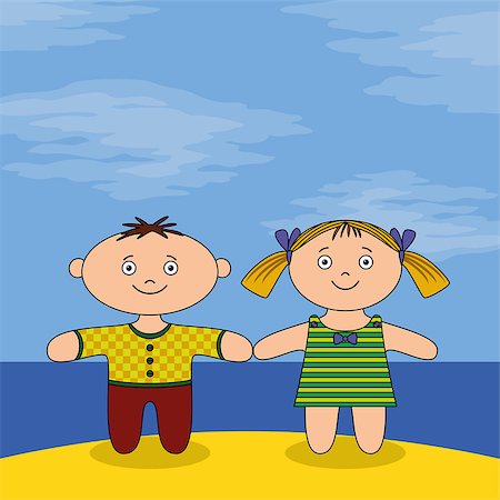 simsearch:400-04813777,k - Children on Sea Shore, Little Boy and Girl, Dolls Standing on Sand Beach Under Blue Sky. Vector Fotografie stock - Microstock e Abbonamento, Codice: 400-08339176