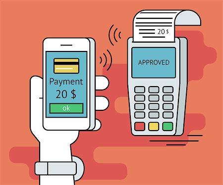 simsearch:630-06724757,k - Illustration of mobile payment via smartphone. Human line contour hand holds a smartphone and doing payment by credit card wireless connecting to the payment terminal Stock Photo - Budget Royalty-Free & Subscription, Code: 400-08339339