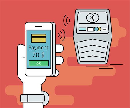 simsearch:400-08116510,k - Illustration of mobile payment via smartphone. Human line contour hand holds a smartphone and doing payment by credit card via nfc function Stock Photo - Budget Royalty-Free & Subscription, Code: 400-08339340