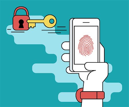 data security screens - Illustration of identification of fingerprint on smartphone. Human line contour hand holds a smartphone and doing fingerprint scanning process to get access Stock Photo - Budget Royalty-Free & Subscription, Code: 400-08339341
