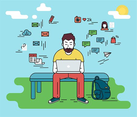 Hipster man wearing beard is sitting with laptop outdoors. Flat line illustration of guy writing a comment in social networks and social media signs such as email, chat bubbles, blog, news around him Foto de stock - Super Valor sin royalties y Suscripción, Código: 400-08339350
