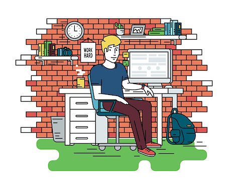 simsearch:400-04280058,k - Flat line contour illustration of student or designer sitting at his workplace. Room contains red brick wall, bookshelfs, work desk with pc, computer bag and green carpet. Isolated background Foto de stock - Super Valor sin royalties y Suscripción, Código: 400-08339442