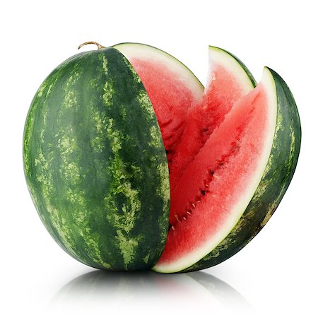 simsearch:400-06862060,k - Ripe watermelon with cut slices isolated on white background with clipping path Foto de stock - Royalty-Free Super Valor e Assinatura, Número: 400-08339496