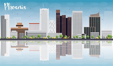 simsearch:400-08336131,k - Phoenix Skyline with Grey Buildings, Blue Sky and reflections. Vector Illustration Stock Photo - Budget Royalty-Free & Subscription, Code: 400-08339753