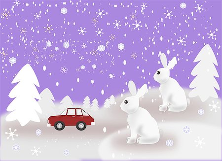 snow cosy - Two rabbits sitting in the forest edge looking at a car on the road. Stock Photo - Budget Royalty-Free & Subscription, Code: 400-08339841