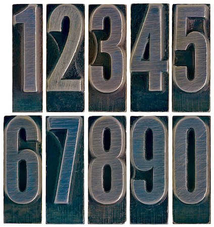 ten arabic numerals 0 to 9 in old grunge metal letterpress printing blocks isolated on white Stock Photo - Budget Royalty-Free & Subscription, Code: 400-08331875