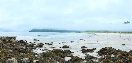 ramberg - Summer cloudy view of the beach with white sand and alga on stones in Ramberg (Norway, Lofoten). Fotografie stock - Microstock e Abbonamento, Codice: 400-08332894