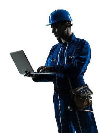 silhouette as carpenter - one  man construction worker computing computer silhouette portrait in studio on white background Stock Photo - Budget Royalty-Free & Subscription, Code: 400-08333584