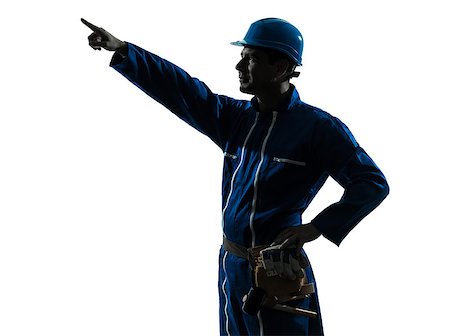 silhouette as carpenter - one  man construction worker pointing showing silhouette portrait in studio on white background Stock Photo - Budget Royalty-Free & Subscription, Code: 400-08333588