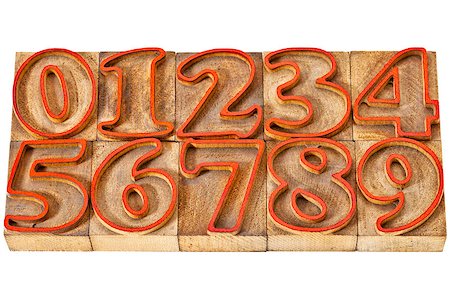simsearch:400-08332628,k - ten numbers from zero to nine in isolated vintage wood letterpress outlined printing blocks stained by red ink Foto de stock - Super Valor sin royalties y Suscripción, Código: 400-08344200