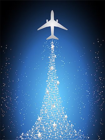 Aircraft Silhouette Flying Over Blue Sky and Releasing Silver Stars Forming Christmas Tree Stock Photo - Budget Royalty-Free & Subscription, Code: 400-08344436