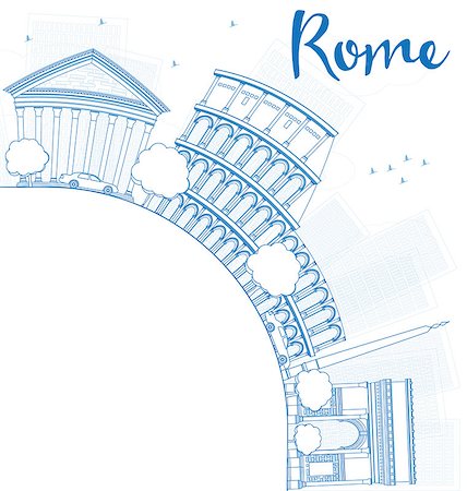 european city outline - Outline Rome skyline with blue landmarks and copy space. Business travel and tourism concept with place for text. Image for presentation, banner, placard and web site. Vector illustration Stock Photo - Budget Royalty-Free & Subscription, Code: 400-08344742