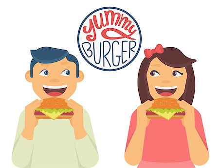 Happy boy and girl looking to each other and eating a big hamburgers. Isolated on white with handwritten letters of  yummy burger text Stock Photo - Budget Royalty-Free & Subscription, Code: 400-08344903