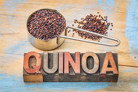 simsearch:400-08253307,k - gluten free qunoa grain in a metal measuring scoop with a text in vintage letterpress wood type blocks Stock Photo - Budget Royalty-Free & Subscription, Code: 400-08345460