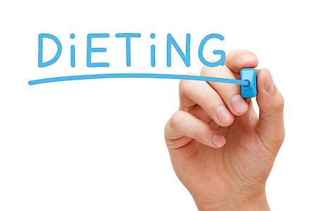 Hand writing Dieting with blue marker on transparent wipe board isolated on white. Stockbilder - Microstock & Abonnement, Bildnummer: 400-08345635