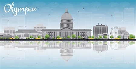 simsearch:400-08500523,k - Olympia (Washington) Skyline with Grey Buildings, Blue Sky and reflections. Vector Illustration Stock Photo - Budget Royalty-Free & Subscription, Code: 400-08345685