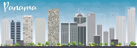 simsearch:400-08294311,k - Panama City skyline with grey skyscrapers and blue sky. Vector Illustration Foto de stock - Super Valor sin royalties y Suscripción, Código: 400-08345687