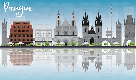 simsearch:400-08348304,k - Prague skyline with grey landmarks, blue sky and reflections. Vector illustration Stock Photo - Budget Royalty-Free & Subscription, Code: 400-08345690