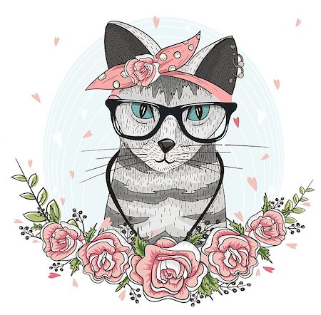 earring drawing - Cute hipster cat with glasses, scarf and flowers. Photographie de stock - Aubaine LD & Abonnement, Code: 400-08345708