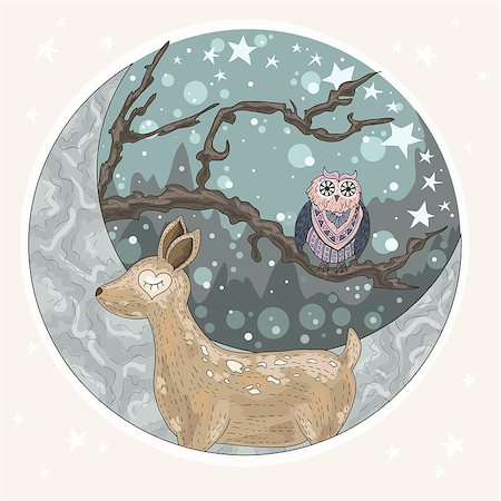 Cute dreaming deer background with mountains, tree, owl, moon and stars. Illustration for kids or children. Stock Photo - Budget Royalty-Free & Subscription, Code: 400-08345702