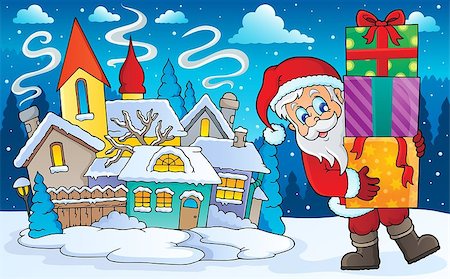 simsearch:400-08343929,k - Santa Claus with gifts in winter scenery - eps10 vector illustration. Foto de stock - Royalty-Free Super Valor e Assinatura, Número: 400-08345836