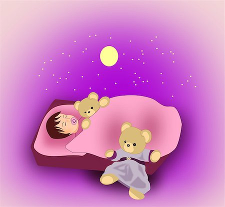 simsearch:400-06739427,k - A little child sleeping with a teddy bear, and there are a moon and stars over the bed Photographie de stock - Aubaine LD & Abonnement, Code: 400-08345849