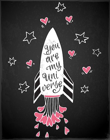 simsearch:400-08347146,k - Hand drawn vector illustration with rocket and hearts on a black background Stock Photo - Budget Royalty-Free & Subscription, Code: 400-08345929