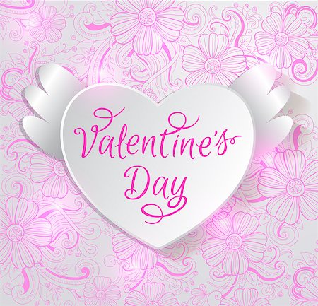 simsearch:400-08347146,k - Valentine card with paper heart on a pink floral background Stock Photo - Budget Royalty-Free & Subscription, Code: 400-08345921