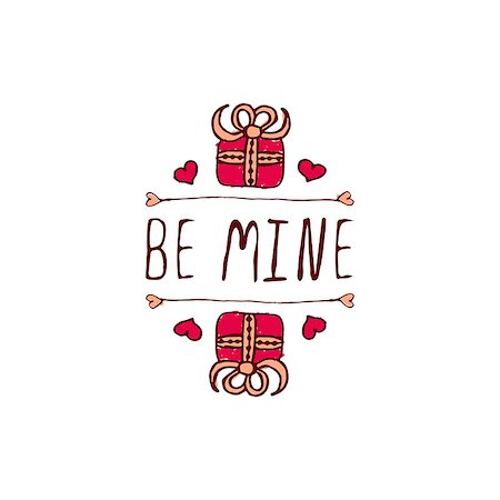 simsearch:400-08346347,k - Saint Valentine's day greeting card.  Be mine. Typographic banner with text and gift boxes on white background. Vector handdrawn badge. Foto de stock - Super Valor sin royalties y Suscripción, Código: 400-08346335