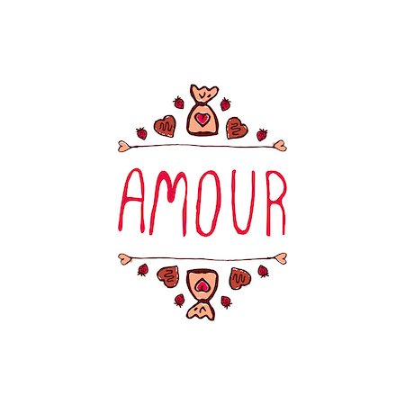 simsearch:400-08346347,k - Saint Valentine's day greeting card.  Amour. Typographic banner with doodle heart shaped chocolate candies.  Vector handdrawn badge. Foto de stock - Super Valor sin royalties y Suscripción, Código: 400-08346345