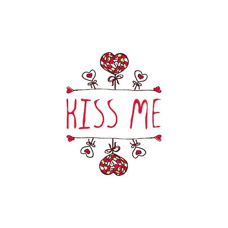 simsearch:400-08346347,k - Saint Valentine's day greeting card.  Kiss me. Typographic banner with text and  doodle heart shaped lollipops. Vector handdrawn badge. Foto de stock - Super Valor sin royalties y Suscripción, Código: 400-08346342