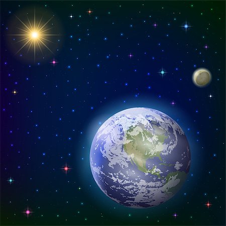 simsearch:400-09118109,k - Space background with realistic planet mother Earth, moon, sun and stars. Elements of this image furnished by NASA (www.visibleearth.nasa.gov). Eps10, contains transparencies. Vector Foto de stock - Royalty-Free Super Valor e Assinatura, Número: 400-08346494