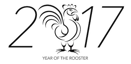 Chinese Lunar New Year of the Rooster Black and White Line Art with 2017 Numerals Illustration Stock Photo - Budget Royalty-Free & Subscription, Code: 400-08346795