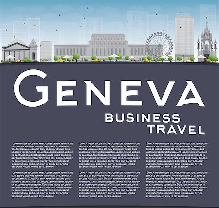Geneva skyline with grey landmarks, blue sky and copy space. Vector illustration. Business travel and tourism concept with place for text. Image for presentation, banner, placard and web site. Foto de stock - Super Valor sin royalties y Suscripción, Código: 400-08346829